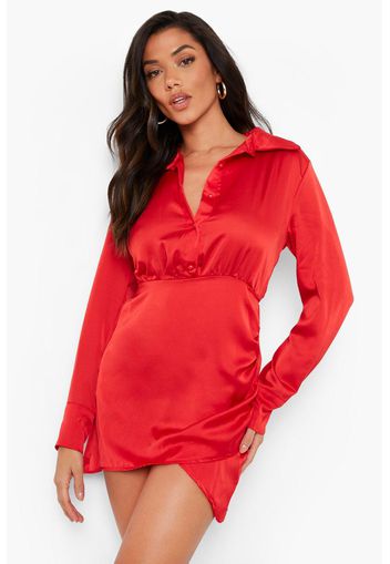 Satin Ruched Detail Shirt Dress, Rosso