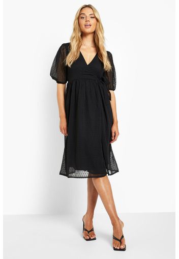 Dobby Mesh Side Tie V Neck Midi Dress, Nero