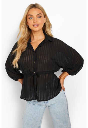 Sheer Stripe Tie Waist Shirt, Nero