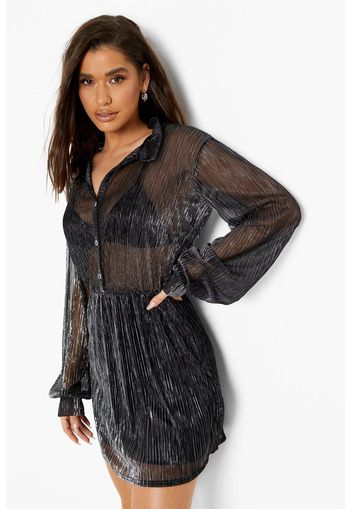 Sparkle Mesh Wrap Shirt Dress, Nero