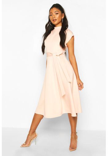 Funnel Neck Belted Midi Skater Dress, Pink