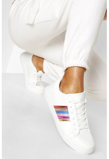 Rainbow Side Stripe Flat Trainers, Bianco