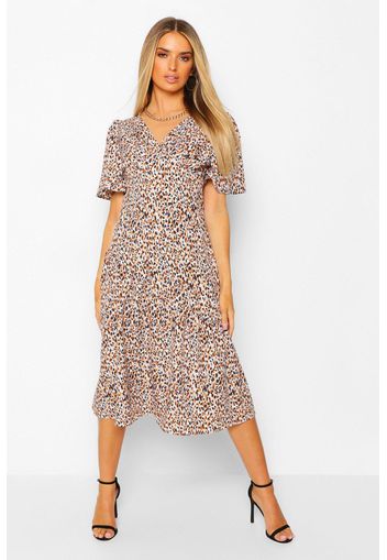 Animal Print Asymetric Frill Hem Midi Dress, Bianco