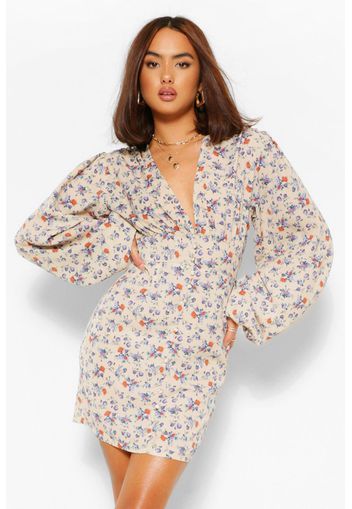 Floral Plunge Balloon Sleeve Mini Dress, Bianco