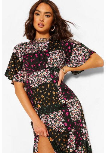 Mixed Floral Print Midi Dress, Nero