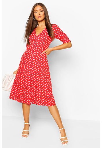 Daisy Button Through Midi Dress, Rosso