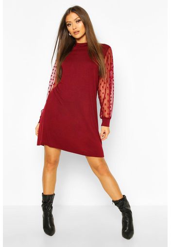 High Neck Polka Dot Sleeve T-shirt Dress, Rosso