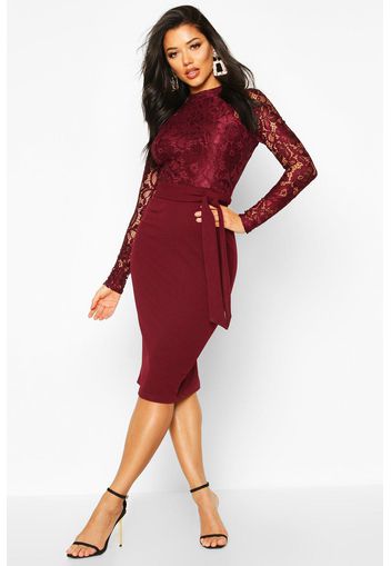 High Neck Long Sleeve Lace Midi Dress, Rosso