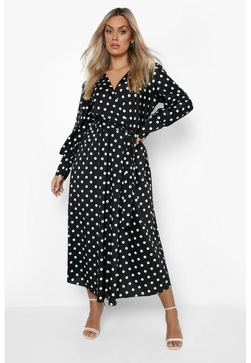 Vestito maxi Plus Size a pois con cintura, Nero