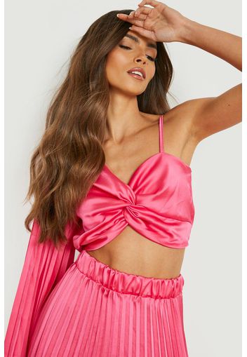 Crop top monospalla in raso con nodo frontale, Pink