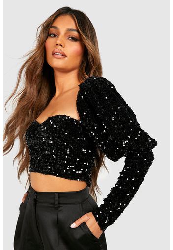 Top con scollo a cuore e paillettes, Nero