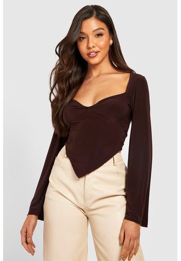 Slinky V Pointed Hem Flared Sleeve Top, Brown