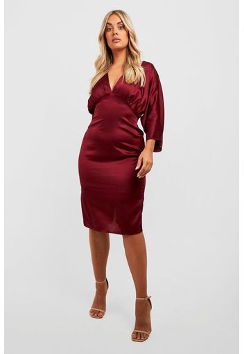 Vestito midi Plus Size in raso con pieghe e maniche ad ala di pipistrello, Rosso