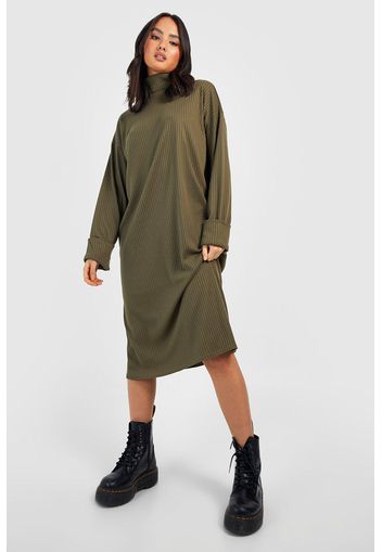 Soft Rib Turned Cuff Roll Neck Midi Jumper Dress, Verde