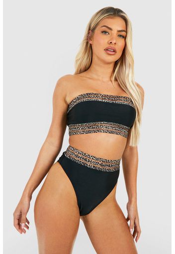 Leopard Mesh Trim Bandeau Bikini Set, Nero