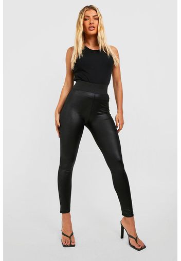 Deep Elastic Waist Cinching Leather Look Leggings, Nero