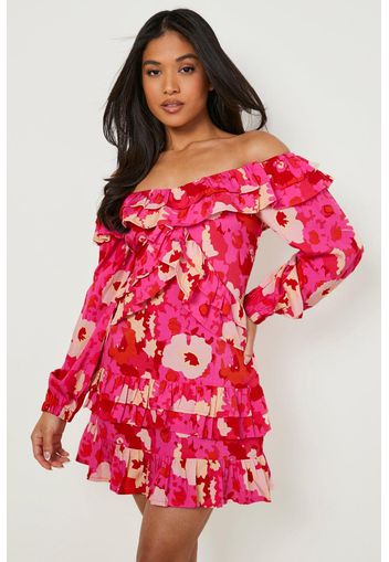 Petite Floral Off Shoulder Ruffle Mini Dress, Pink