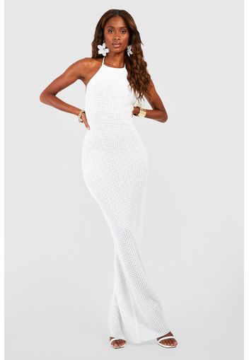 Halterneck Crochet Maxi Dress, Bianco