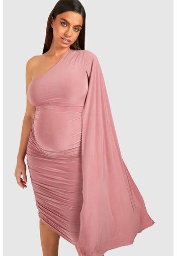 Maternity Slinky One Shoulder Cape Ruched Midi Dress, Pink