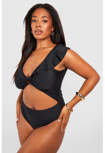 Plus Frill Ring Detail Cut Out Swimsuit, Nero