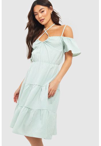 Textured Gingham Tiered Midi Dress, Verde