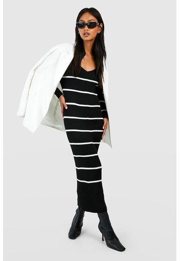 Long Sleeve Stripe Midi Knit Dress, Nero