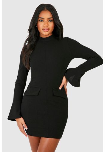 Crepe High Neck Pocket Detail Mini Dress, Nero