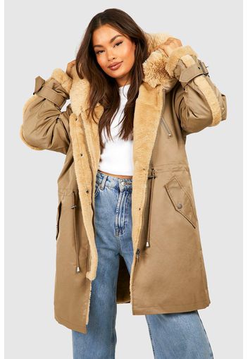 Faux Fur Trim Hood Parka Coat, Verde