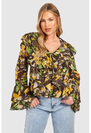 Plus Floral Extreme Ruffle Flare Sleeve Blouse, Brown