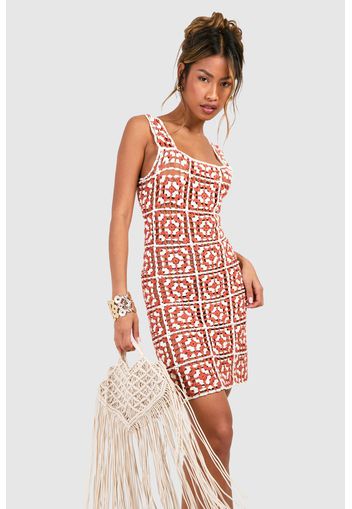 Premium Patchwork Crochet Mini Shift Dress, Arancio