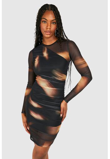 Tall Abstract Mesh Ruched Mini Dress, Nero