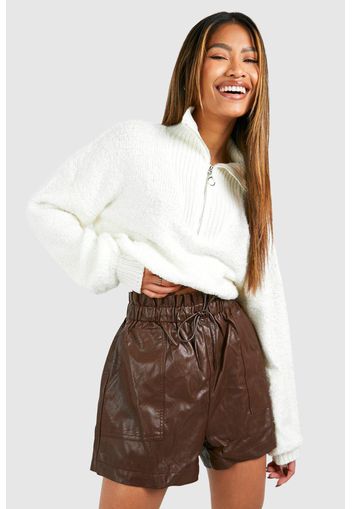 Faux Leather Paperbag High Waisted Shorts, Brown