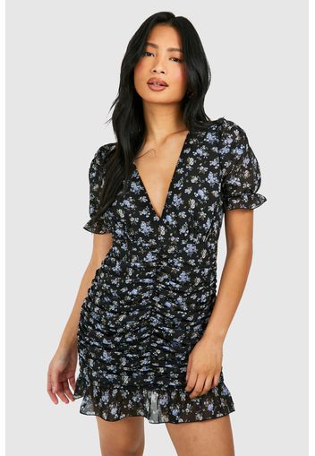 Petite Floral Ruched Mini Dress, Nero