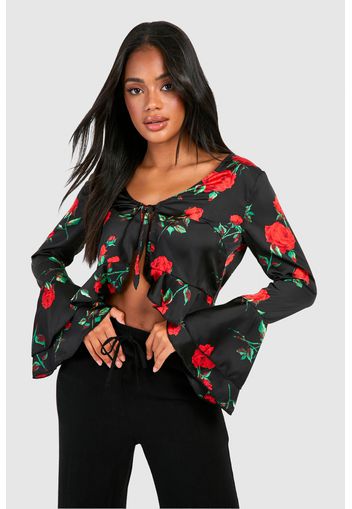 Rose Print Ruffle Blouse, Rosso