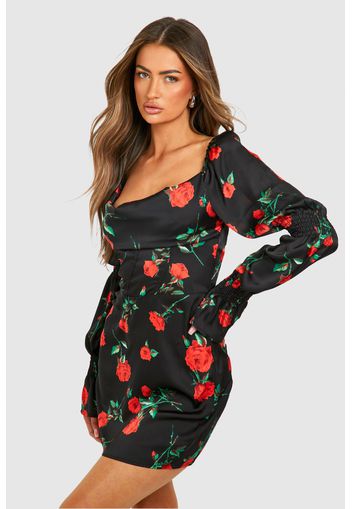 Rose Print Corset Detail Mini Dress, Nero