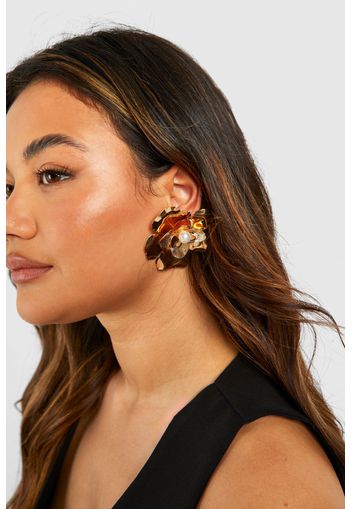 Oversized Pearl Detail Flower Earrings, Metallics