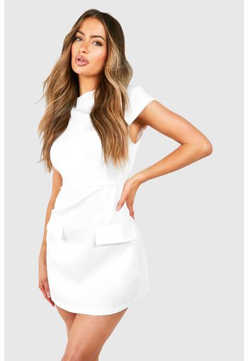 High Neck Structured Tailored Mini Dress, Bianco