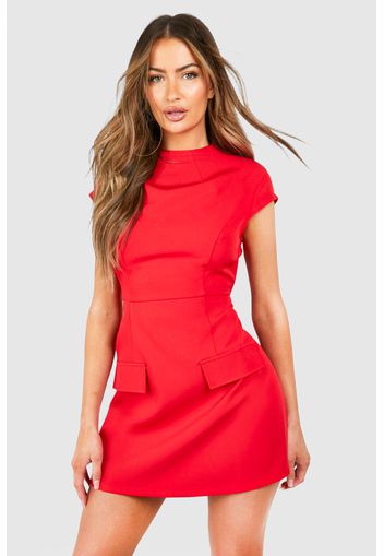 High Neck Structured Tailored Mini Dress, Rosso