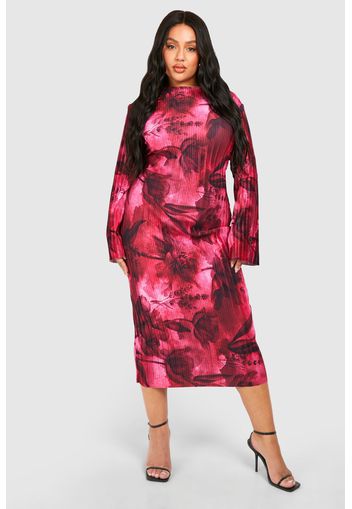 Plus Plisse Floral Print Flare Sleeve Midaxi Dress, Pink