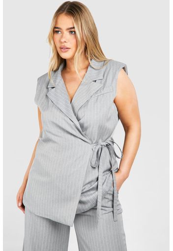 Plus Woven Pinstripe Wrap Sleeveless Blazer, Grigio