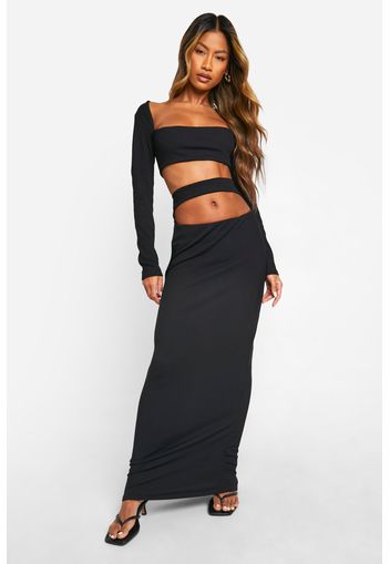 Rib Cut Out Waist Column Maxi Skirt, Nero