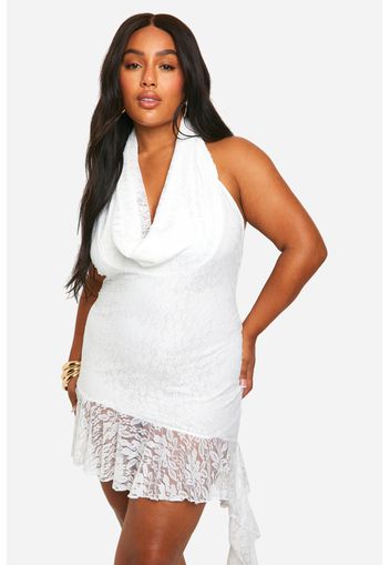 Miniabito Plus Size in pizzo con scollo a cappuccio e fondo arricciato, Bianco