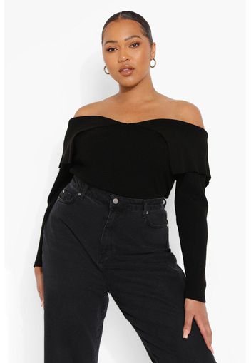 Plus Knitted Fold Over Off Shoulder Top, Nero