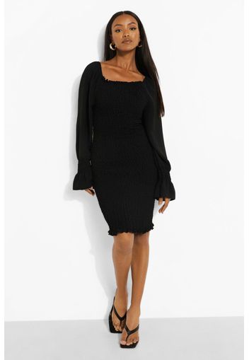 Petite Volume Sleeve Shirred Dress, Nero