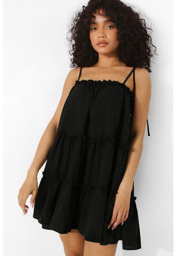 Petite Ruffle Tiered Swing Smock Dress, Nero