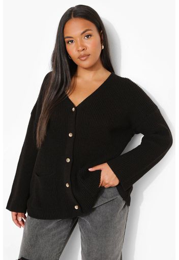 Plus Rib Knit Slouchy Cardigan, Nero