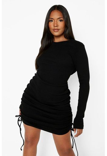 Plus Rib Ruched Long Sleeve Bodycon Dress, Nero