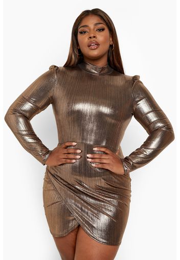 Vestito a incrocio Plus Size metallizzato con maniche a sbuffo, Metallics