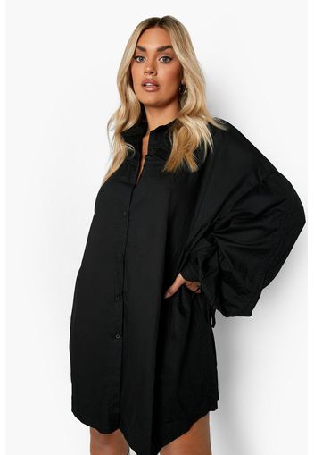 Plus Oversized Ruched Sleeve Shirt Dress, Nero