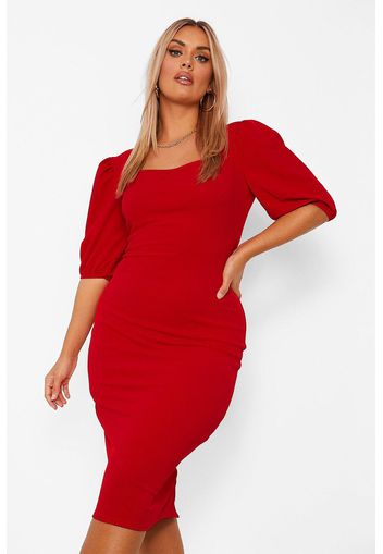 Plus Puff Sleeve Midi Dress, Rosso